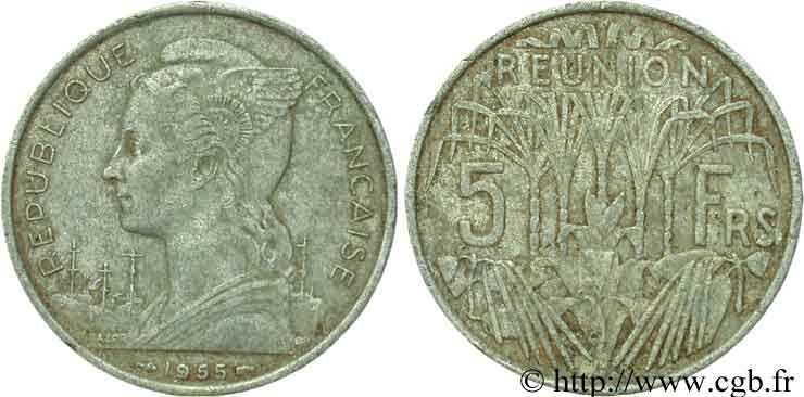 REUNION ISLAND 5 Francs 1955 Paris VF 
