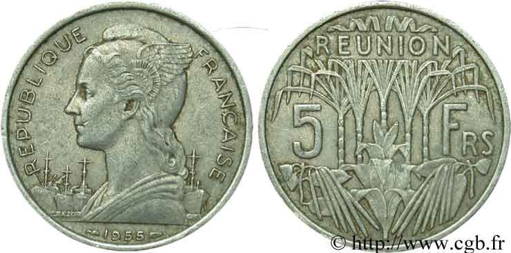 REUNION ISLAND 5 Francs 1955 Paris VF 