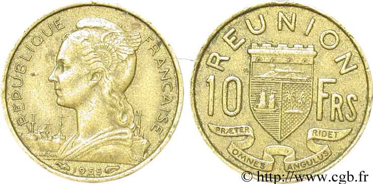 REUNION ISLAND 10 Francs 1955 Paris VF 