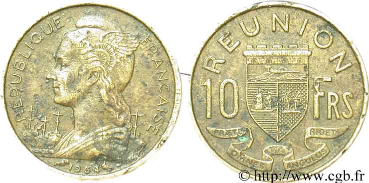 ISLA DE LA REUNIóN 10 Francs 1964 Paris BC+ 