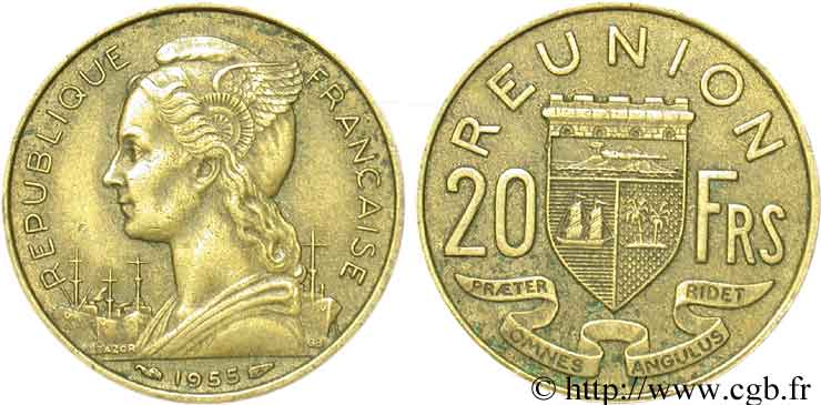 ISOLA RIUNIONE 20 Francs Marianne / armes 1955 Paris MB 