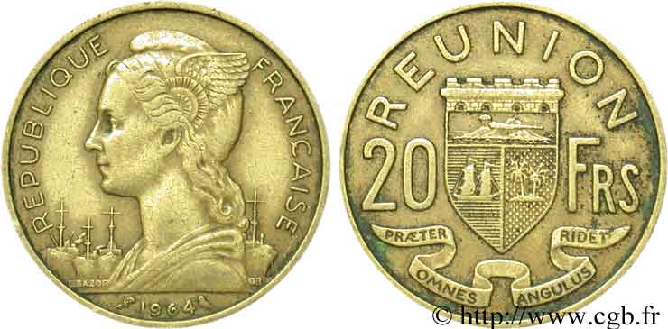 REUNION ISLAND 20 Francs Marianne / armes 1964 Paris VF 