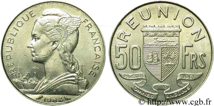 REUNION ISLAND 50 Francs / armes de la Réunion 1964 Paris AU 