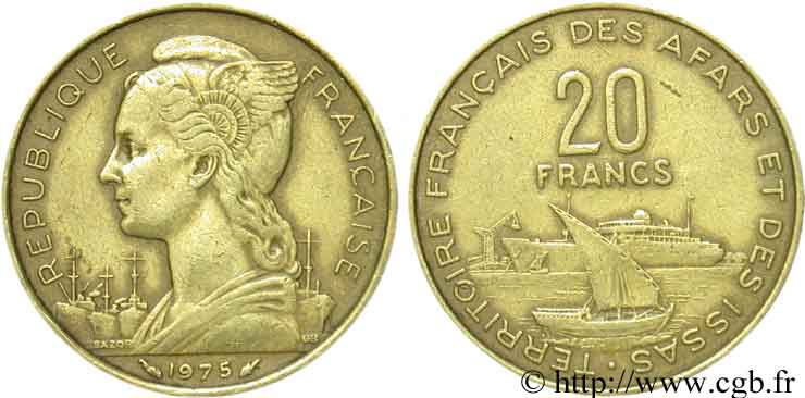 DJIBOUTI - Territoire français des AFARS et des ISSAS 20 Francs 1975 PARIS TB+ 