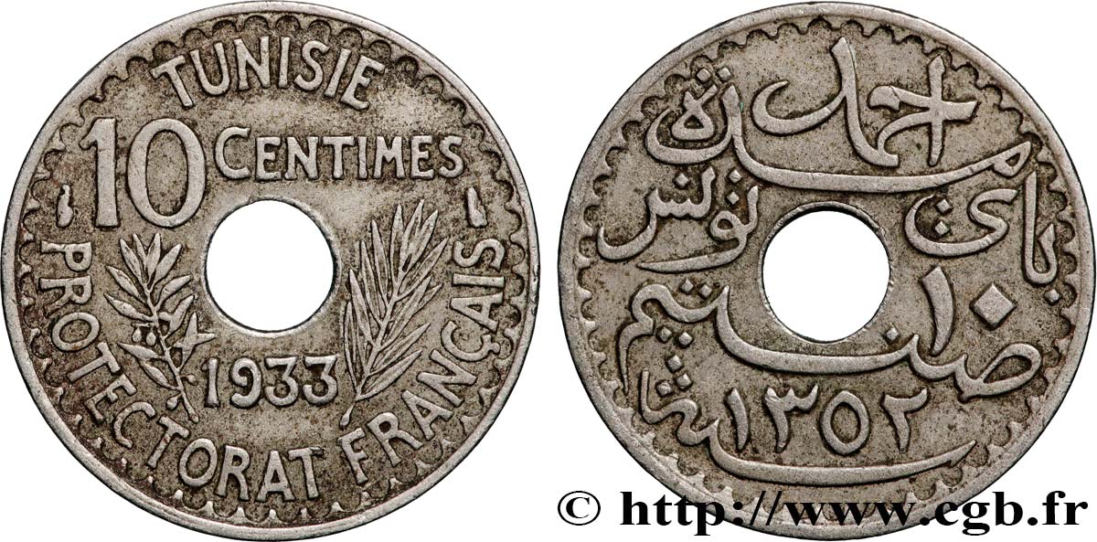 TUNISIA - Protettorato Francese 10 Centimes AH 1352 1933 Paris BB 