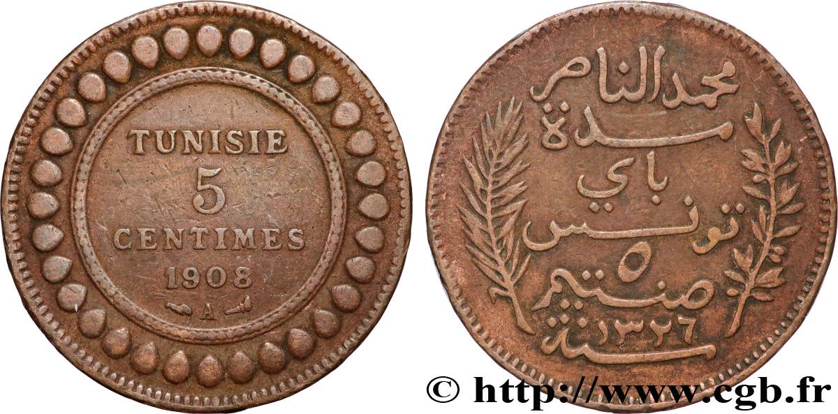 TUNISIA - Protettorato Francese 5 Centimes AH1326 1908 Paris q.BB 