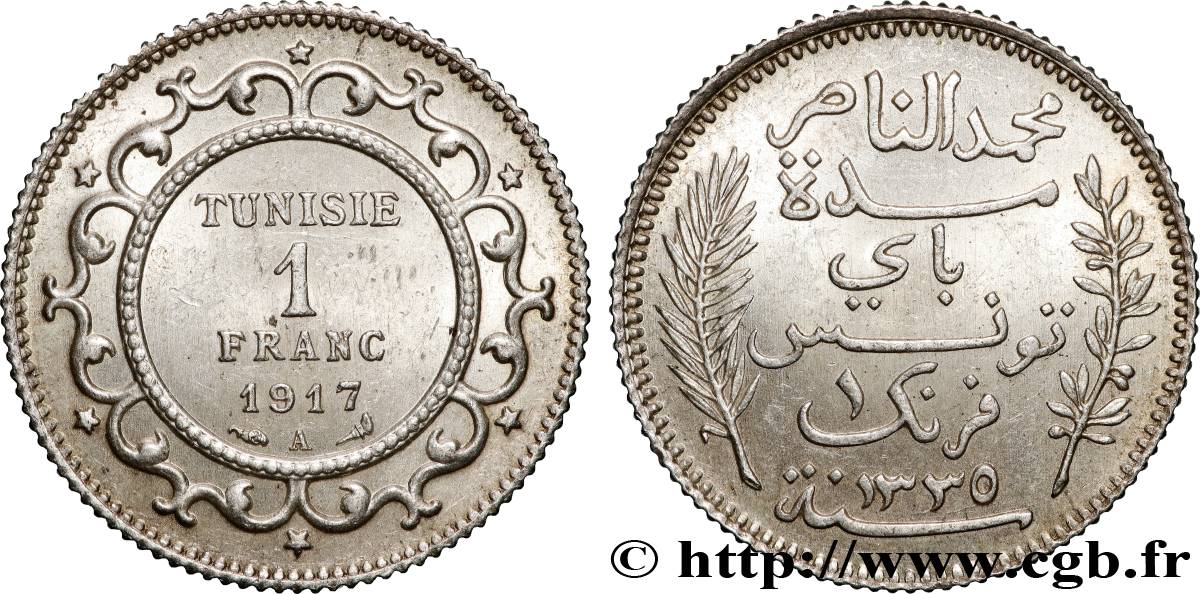 TUNISIA - French protectorate 1 Franc AH 1335 1917 Paris AU 