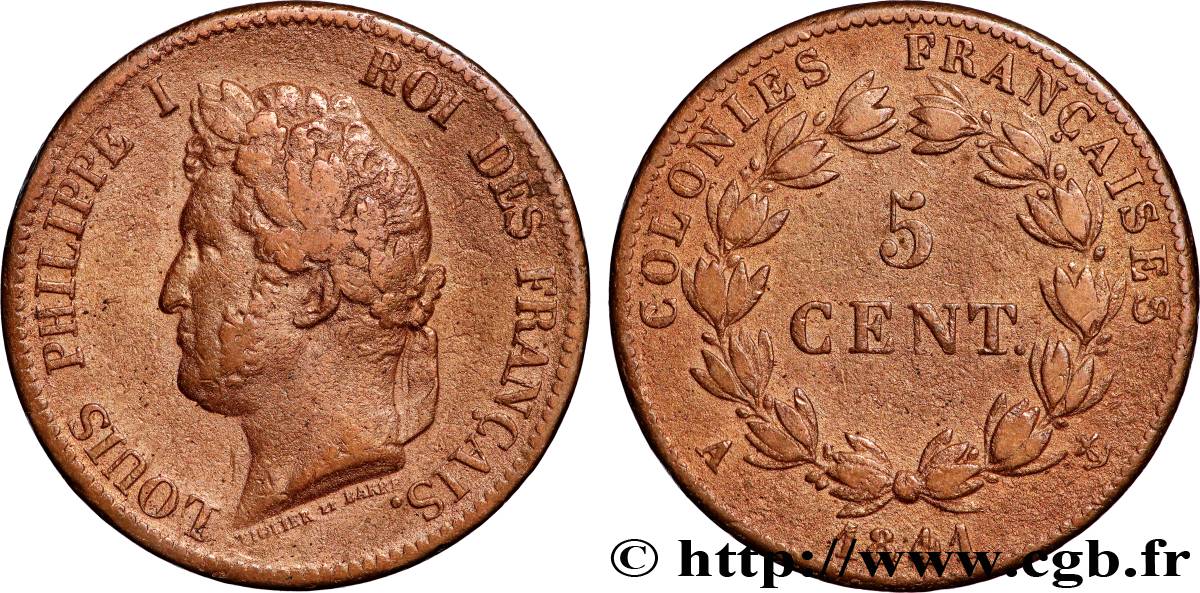 COLONIE FRANCESI - Luigi Filippo, per Guadalupa 5 Centimes Louis Philippe Ier 1841 Paris - A MB 