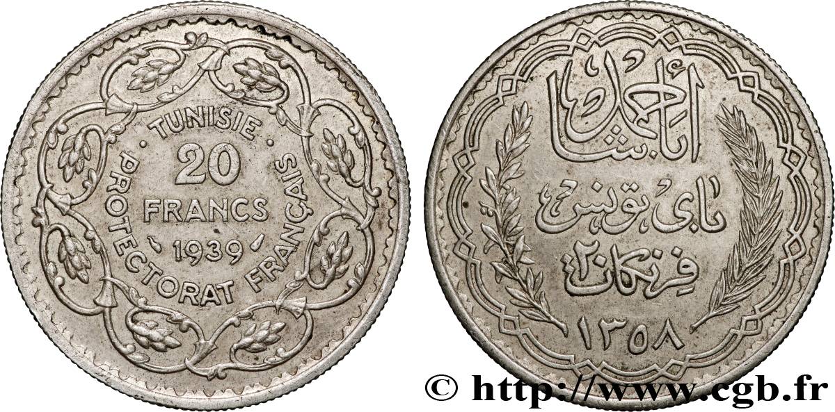 TUNISIA - Protettorato Francese 20 Francs au nom du  Bey Ahmed an 1358 1939 Paris q.SPL 