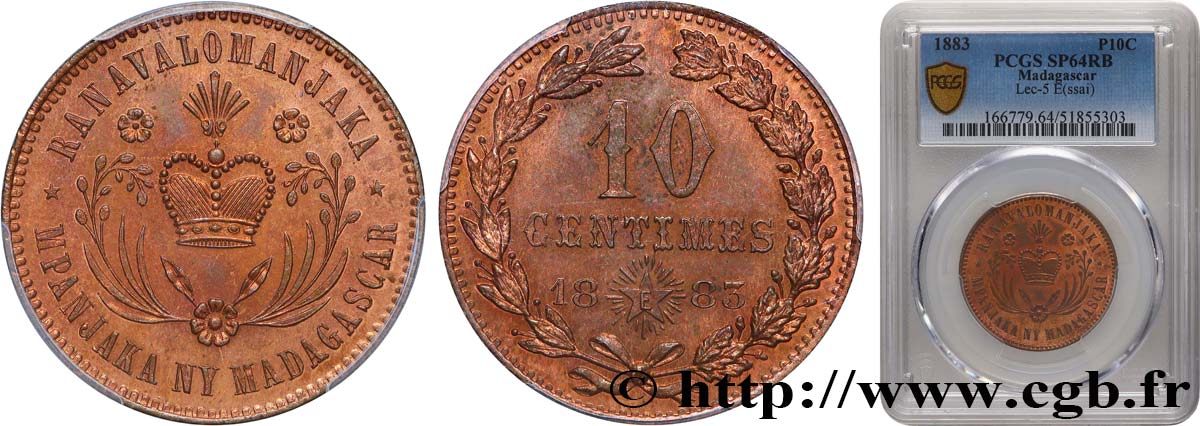 MADAGASCAR Essai de 10 Centimes au nom de la reine Ranavalona III 1883  SC64 PCGS