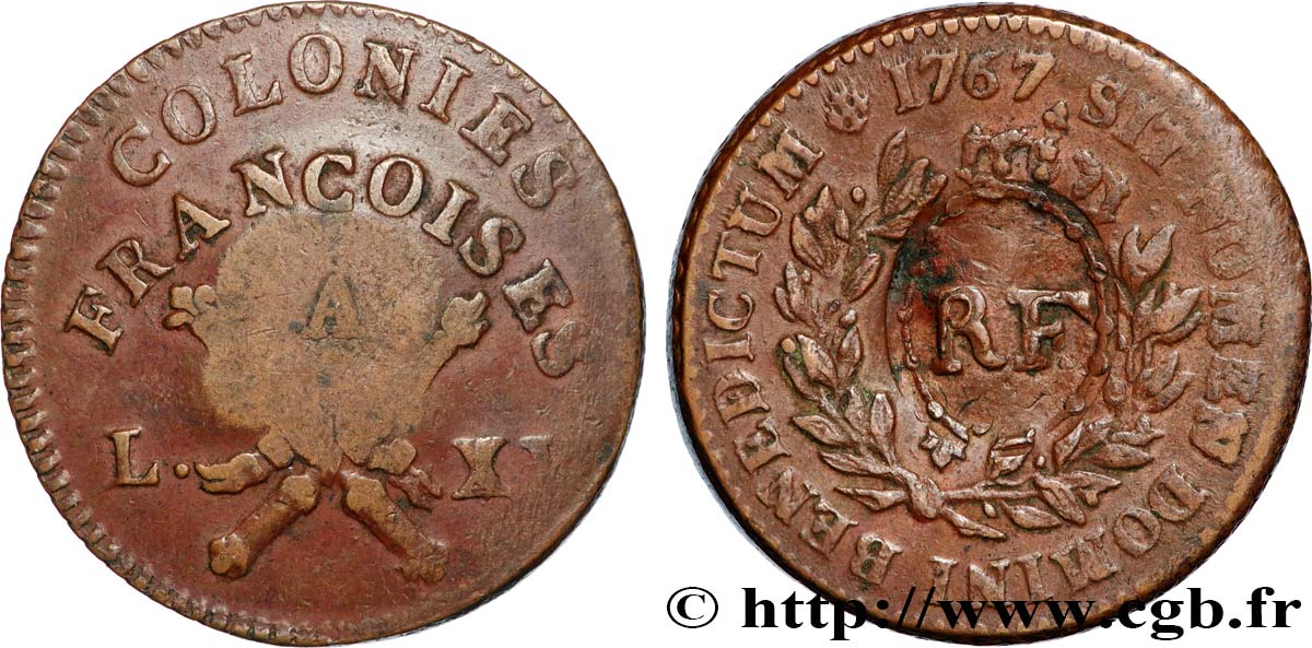 LOUIS XV  THE WELL-BELOVED  3 Sous 9 Deniers ou 1/4 d’esqualin contremarqué RF 1767 Paris XF 