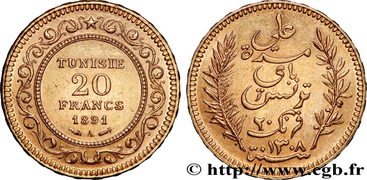 GOLD, PALLADIUM & PLATINUM INVESTMENT 20 Francs or Bey Ali AH 1308 1891 Paris XF 