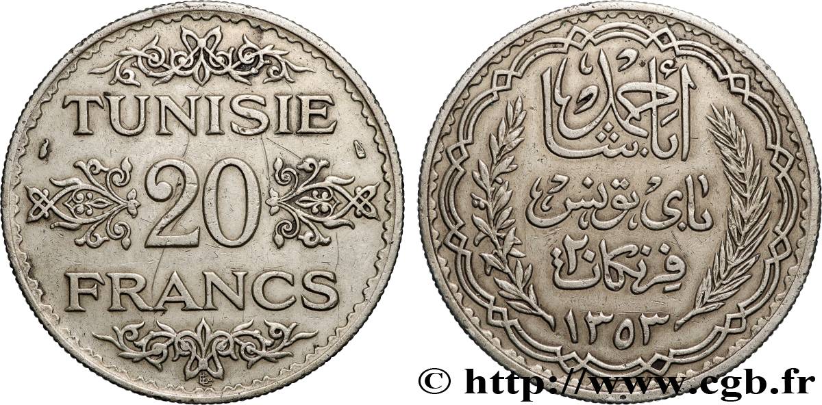 TUNISIA - French protectorate 20 Francs au nom du Bey Ahmed an 1353 1934 Paris AU 