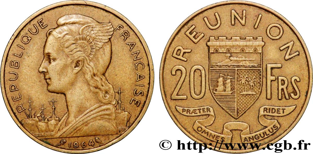 ISLA DE LA REUNIóN 20 Francs Marianne / armes 1964 Paris MBC 