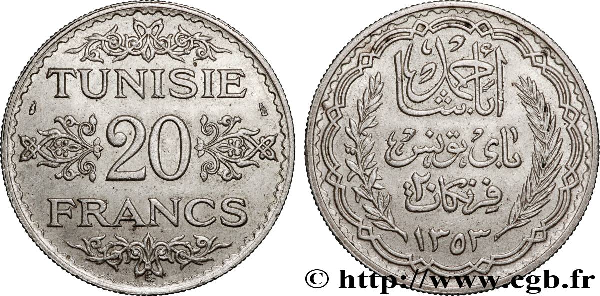 TUNESIEN - Französische Protektorate  20 Francs au nom du Bey Ahmed an 1353 1934 Paris fVZ 