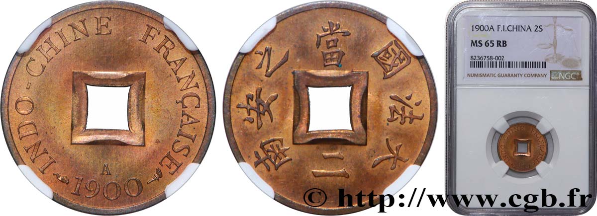 FRENCH INDOCHINA 1 Sapèque (1/500 de Piastre) 1900 Paris MS65 NGC
