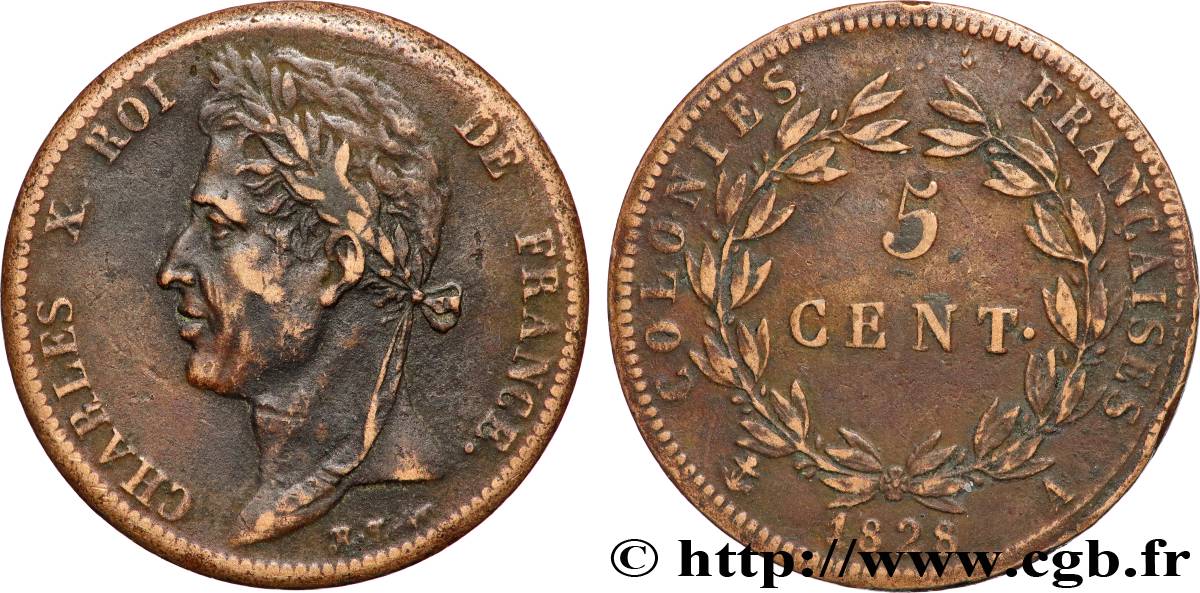 FRENCH COLONIES - Charles X, for Guyana 5 Centimes Charles X 1828 Paris - A VF 