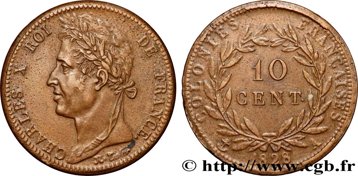 FRENCH COLONIES - Charles X, for Guyana 10 Centimes Charles X 1828 Paris - A AU 