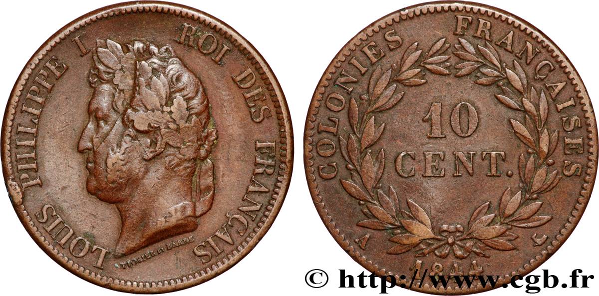 FRENCH COLONIES - Louis-Philippe for Guadeloupe 10 Centimes 1844 Paris XF 
