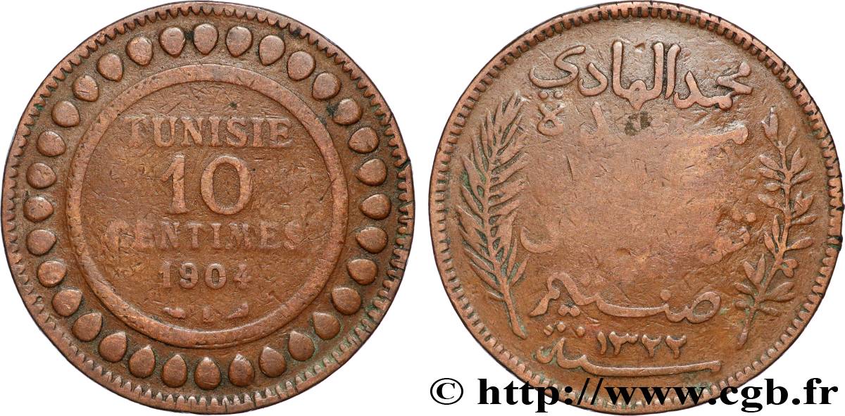 TUNISIA - French protectorate 10 Centimes AH1322 1904 Paris VF 