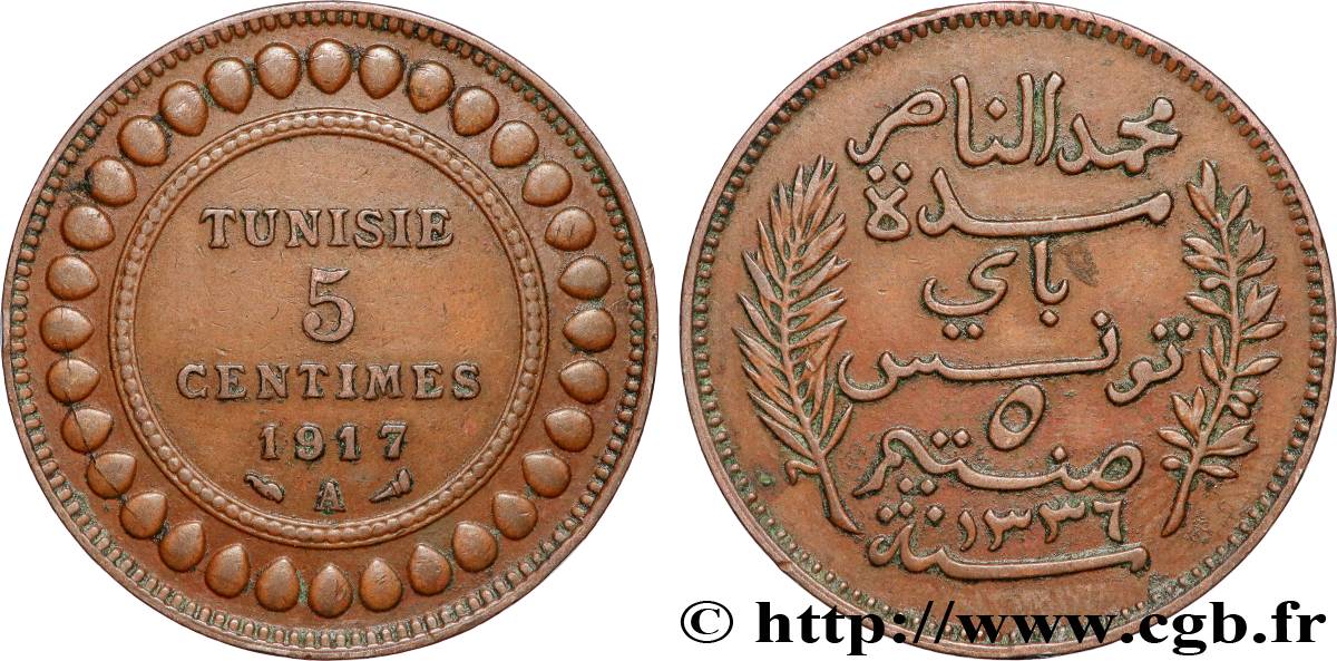 TUNISIA - French protectorate 5 Centimes AH1336 1917 Paris XF 