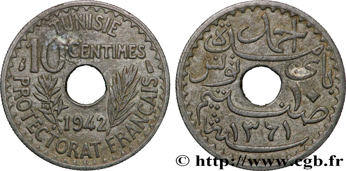 TUNISIE - PROTECTORAT FRANÇAIS 10 Centimes AH 1361 1942 Paris TTB 