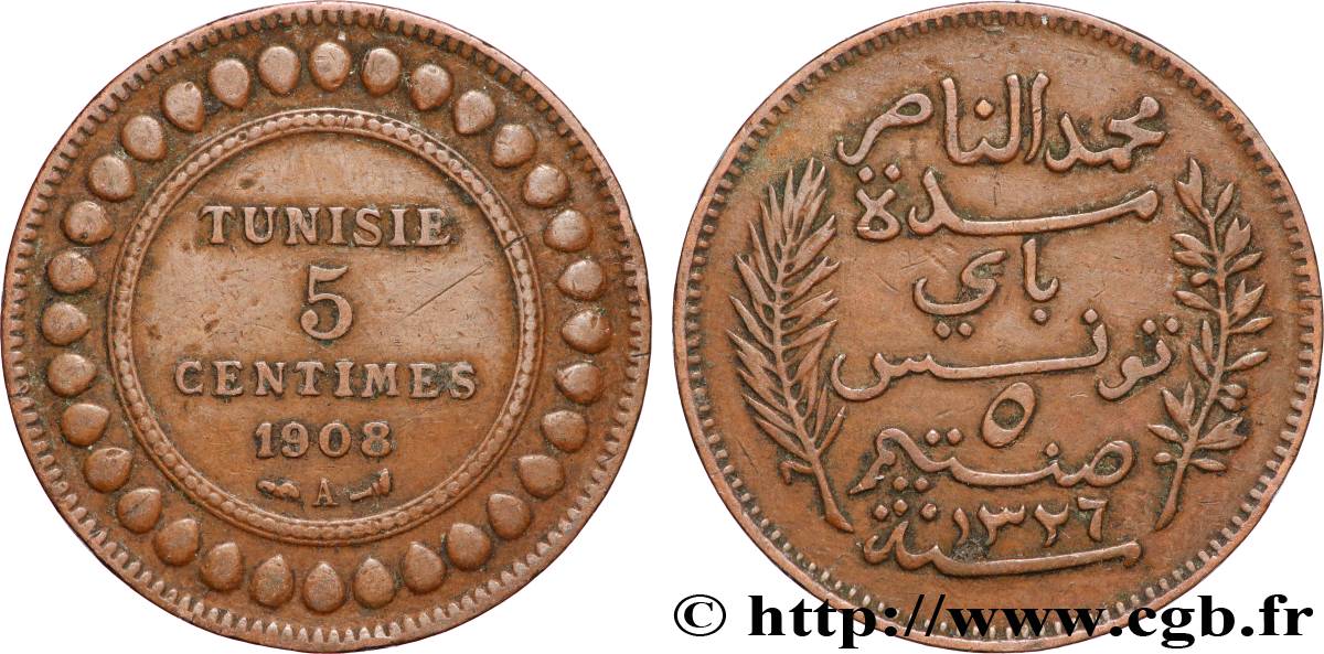 TUNISIA - French protectorate 5 Centimes AH1326 1908 Paris XF 