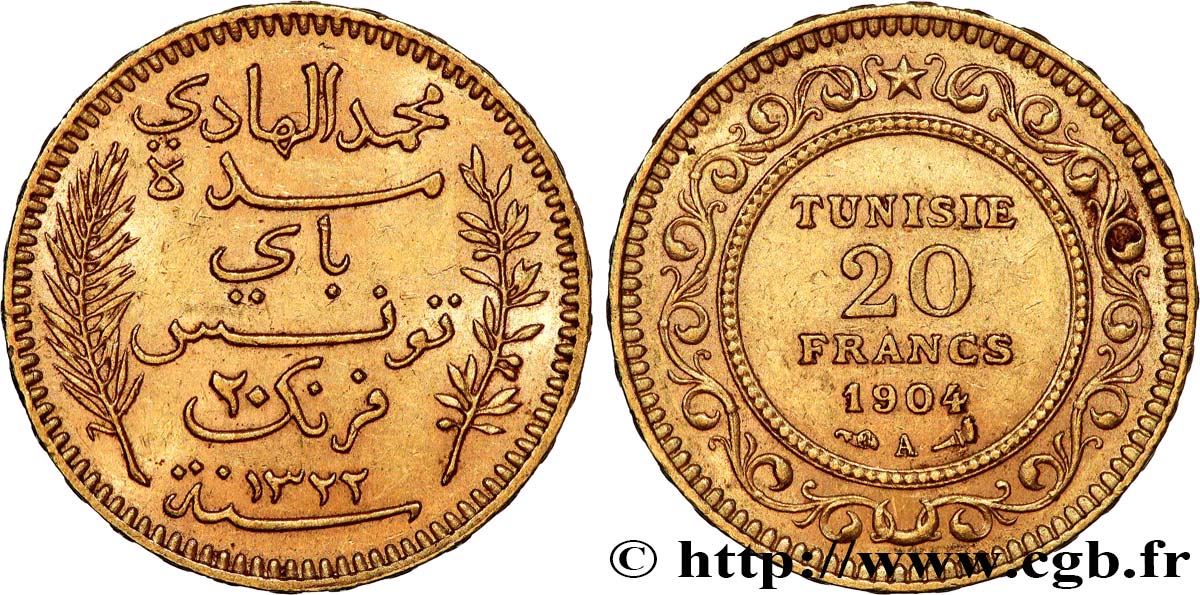 GOLD, PALLADIUM & PLATINUM INVESTMENT 20 Francs or Bey Mohamed El Hadi AH 1321 1904 Paris AU 
