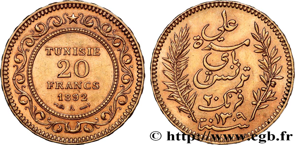 OR, PALLADIUM ET PLATINE INVESTISSEMENT 20 Francs or Bey Ali AH1310 1892 Paris TTB+ 