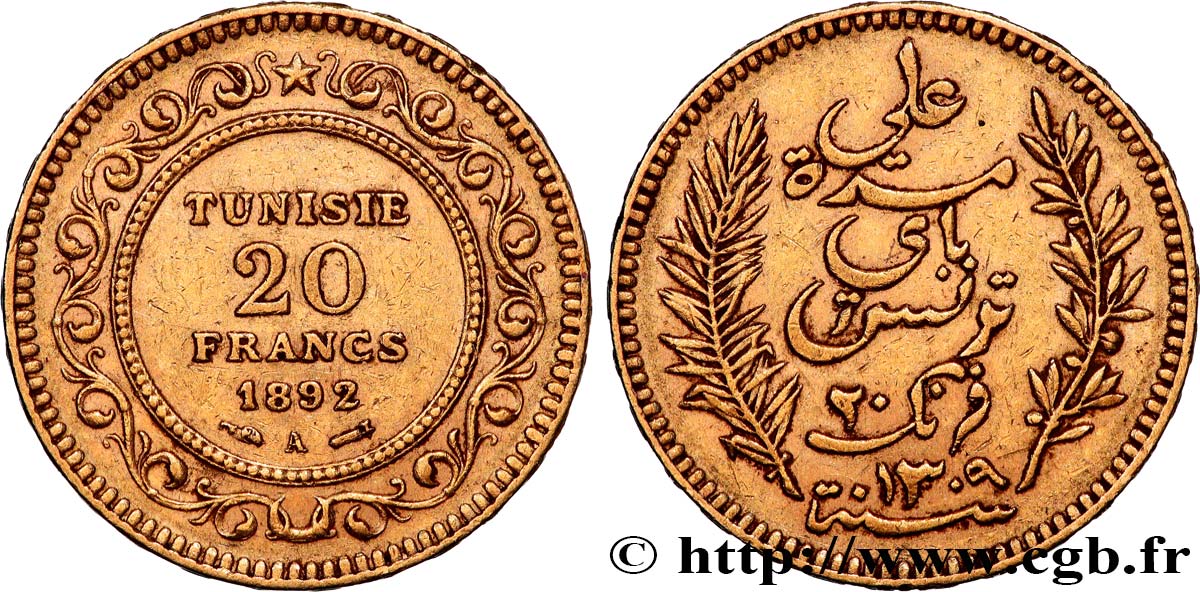 GOLD, PALLADIUM & PLATINUM INVESTMENT 20 Francs or Bey Ali AH1310 1892 Paris XF 