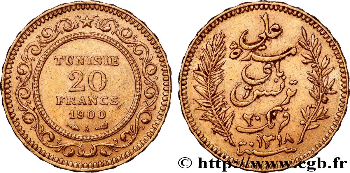 GOLD, PALLADIUM & PLATINUM INVESTMENT 20 Francs or Bey Ali AH 1318 1900 Paris XF 
