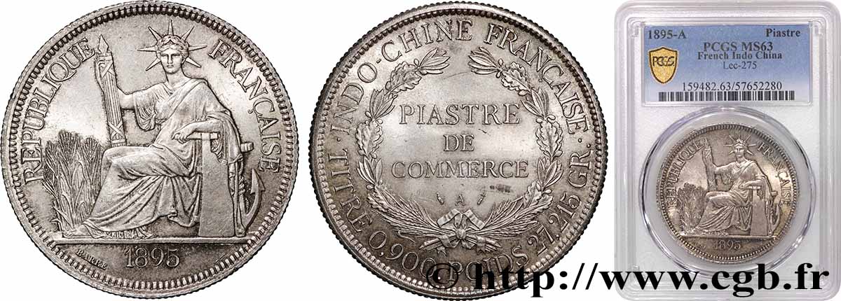 INDOCINA FRANCESE 1 Piastre de Commerce 1895 Paris MS63 PCGS