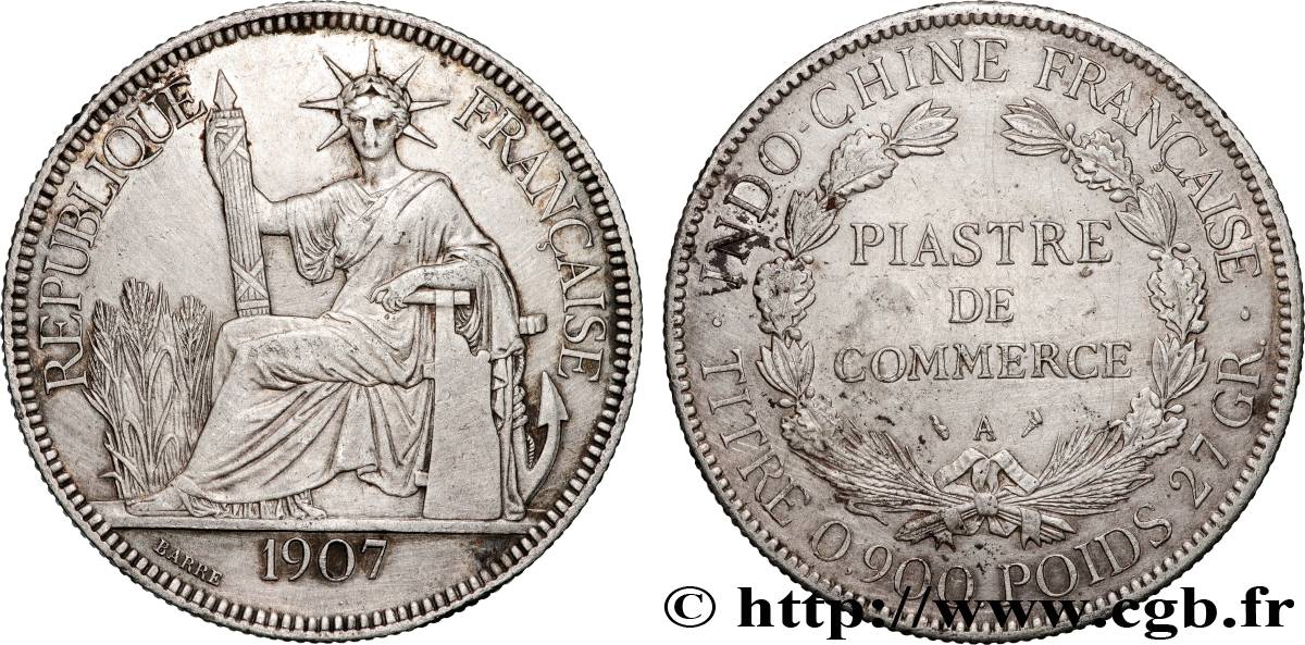 INDOCHINE FRANÇAISE 1 Piastre de Commerce 1907 Paris TTB 