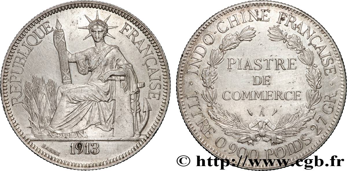 INDOCHINE FRANÇAISE 1 Piastre de Commerce 1913 Paris TTB+ 