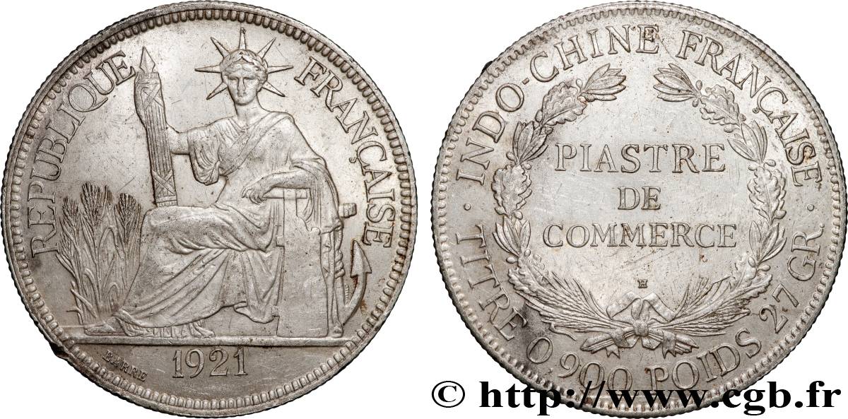 INDOCHINE FRANÇAISE 1 Piastre de Commerce 1921 Heaton TTB+ 