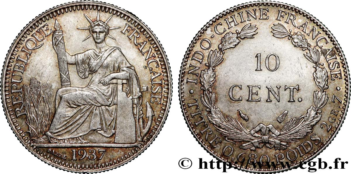 INDOCHINE FRANÇAISE 10 Centièmes 1937 Paris SPL 