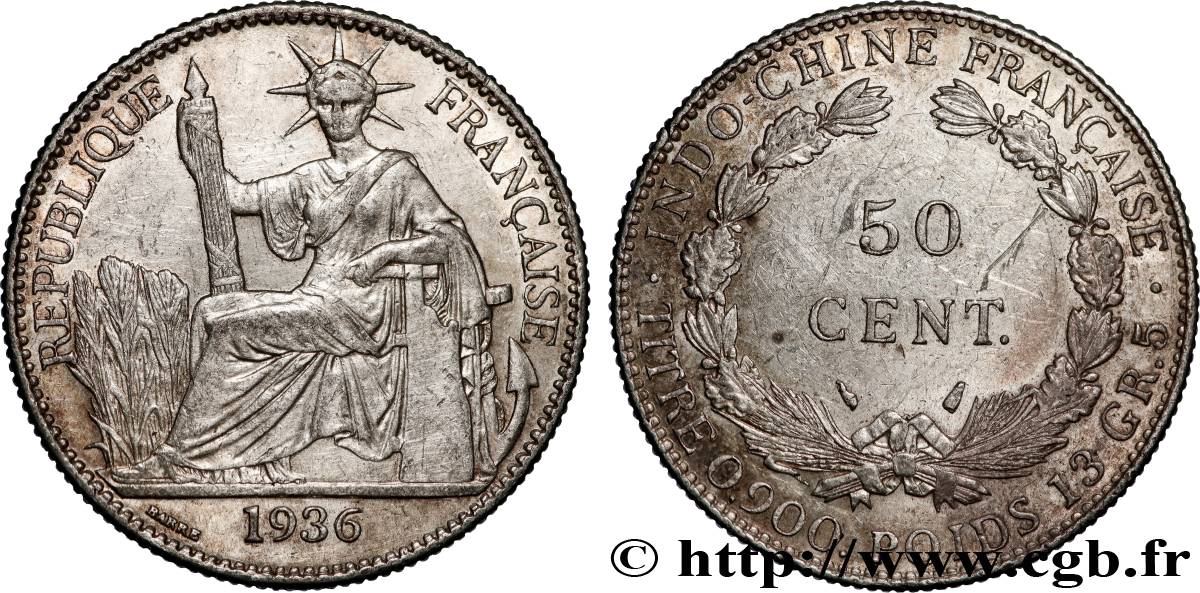 INDOCHINE FRANÇAISE 50 Centièmes 1936 Paris SUP 