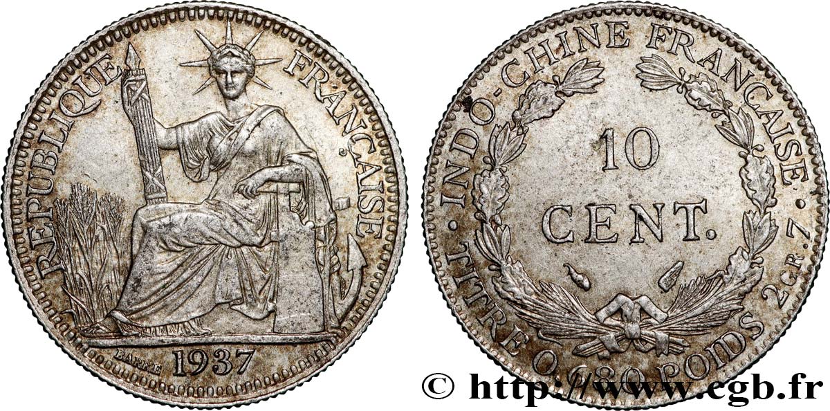 INDOCINA FRANCESE 10 Centièmes 1937 Paris SPL 