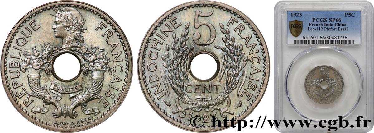 FRENCH INDOCHINA Essai - piéfort 5 Centièmes 1923 Paris MS66 PCGS