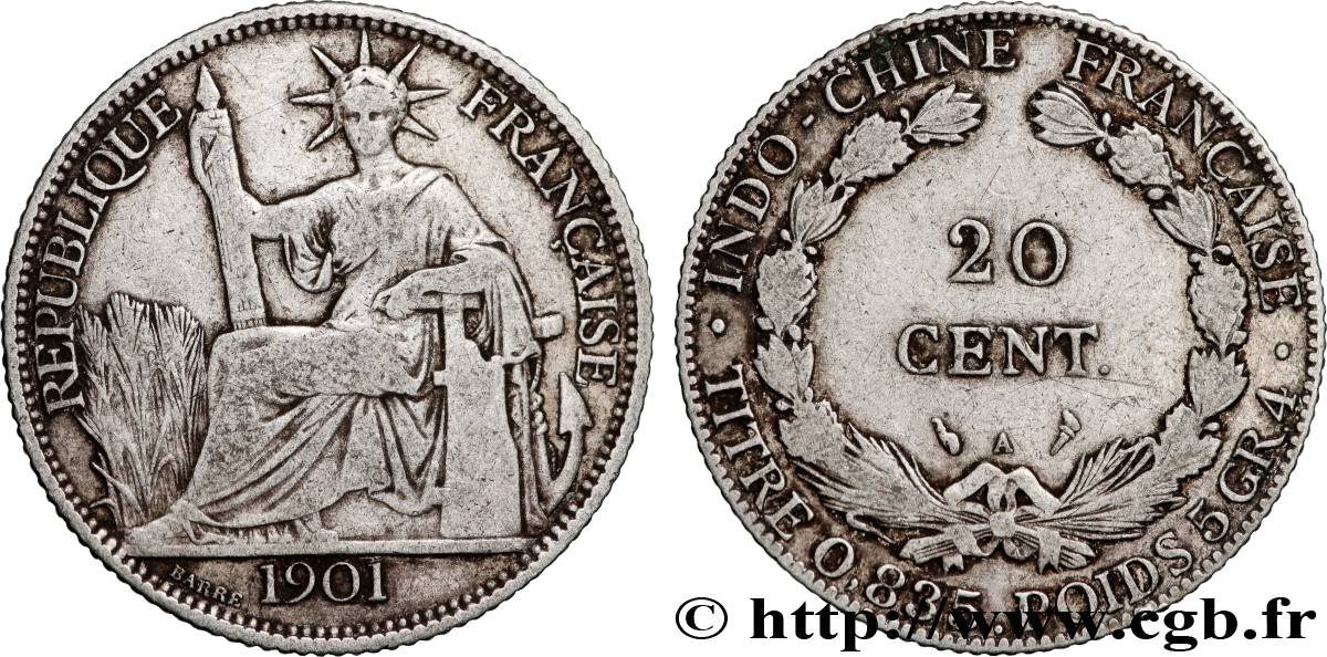 INDOCINA FRANCESE 20 Centièmes 1901 Paris q.BB 