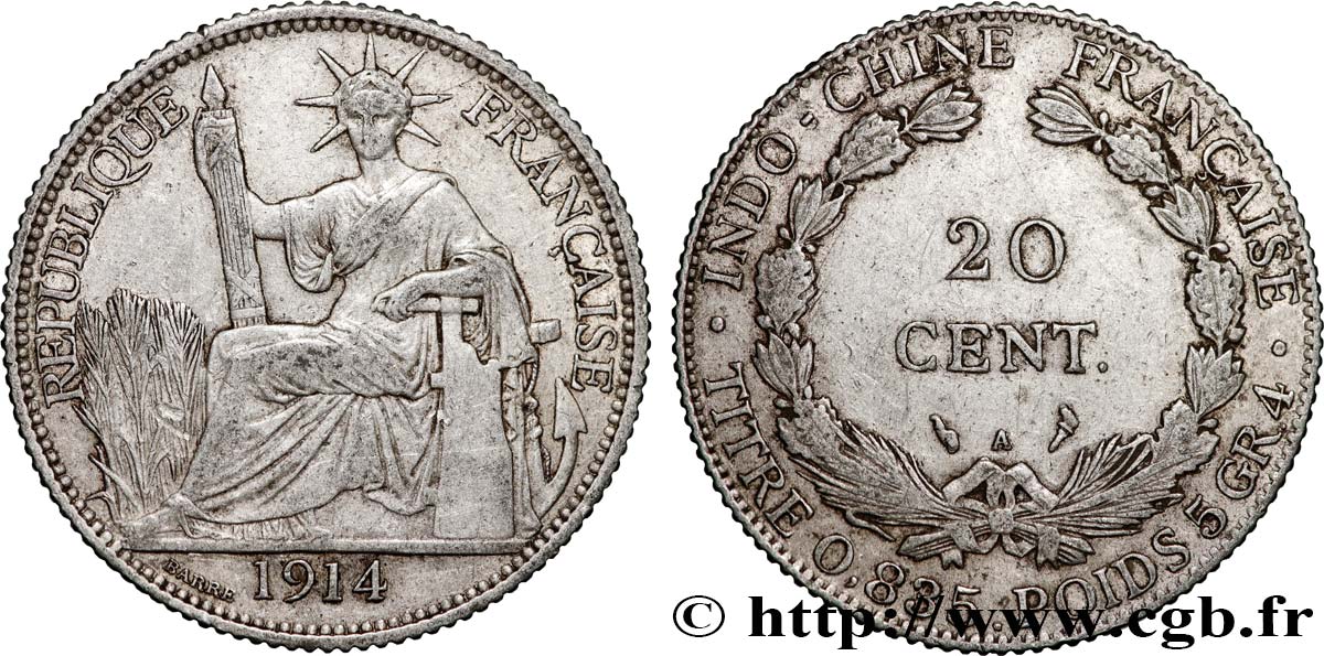 INDOCINA FRANCESE 20 Centièmes 1914 Paris q.BB 