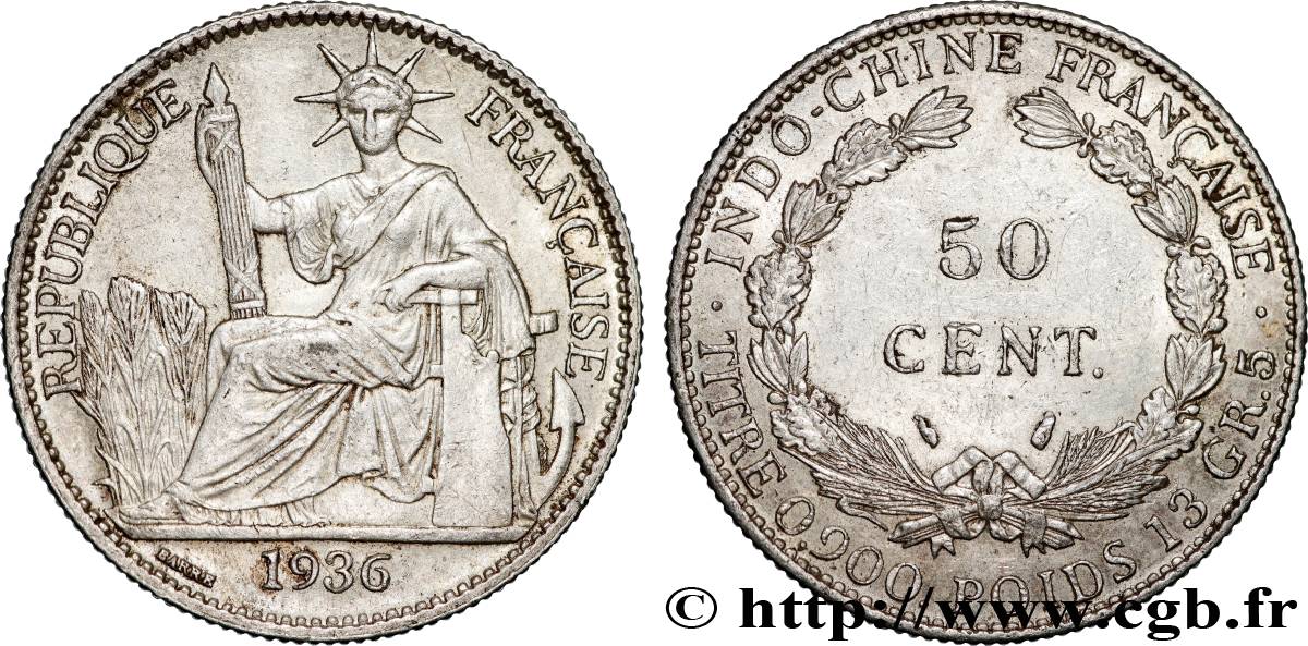 INDOCHINE FRANÇAISE 50 Centièmes 1936 Paris TTB+ 