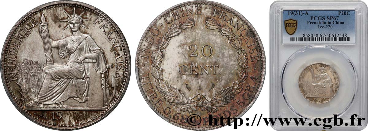 FRENCH INDOCHINA Essai de 20 Centièmes 19-- 19(31) Paris MS67 PCGS