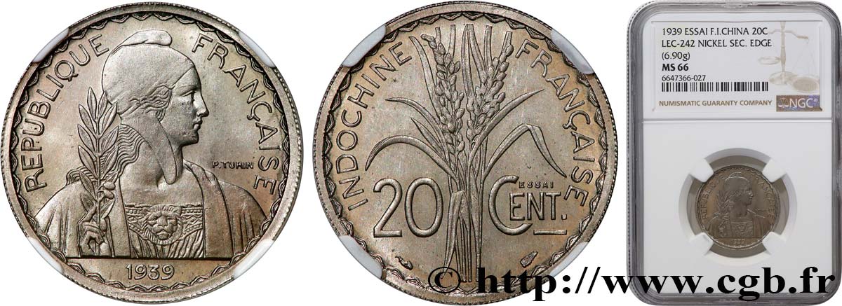 FRENCH INDOCHINA Essai de 20 Centièmes 1939 Paris MS66 NGC