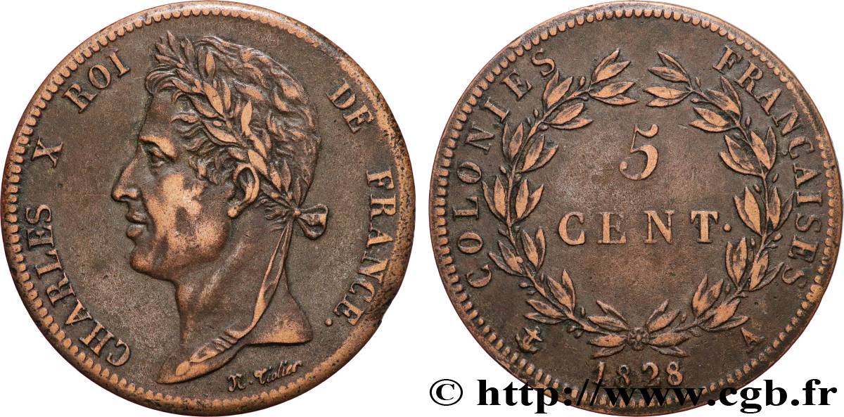 FRENCH COLONIES - Charles X, for Guyana 5 Centimes Charles X 1828 Paris - A XF 