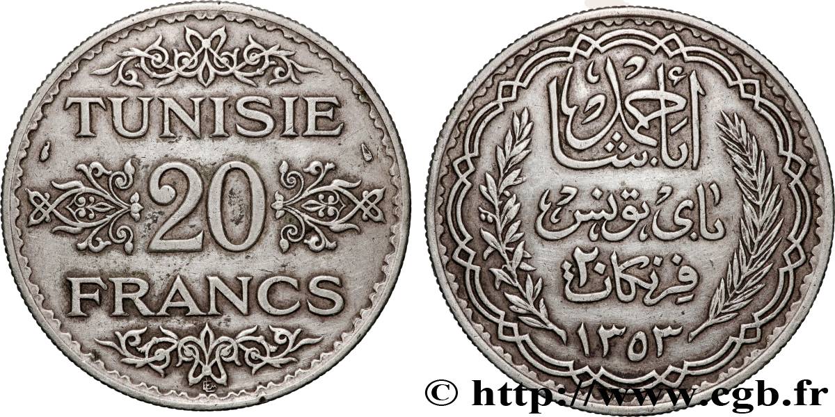 TUNISIA - FRENCH PROTECTORATE 20 Francs au nom du Bey Ahmed an 1353 1934 Paris XF 