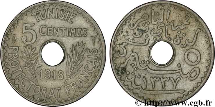 TUNESIEN - Französische Protektorate  5 Centimes AH 1337 1918 Paris fST 