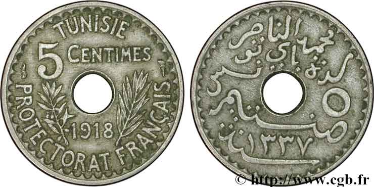 TUNISIA - French protectorate 5 Centimes AH 1337 1918 Paris XF 