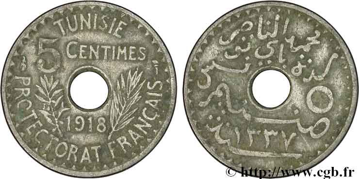 TUNISIA - French protectorate 5 Centimes AH 1337 1918 Paris VF 