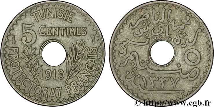 TUNISIA - Protettorato Francese 5 Centimes AH 1337 1919 Paris MS 
